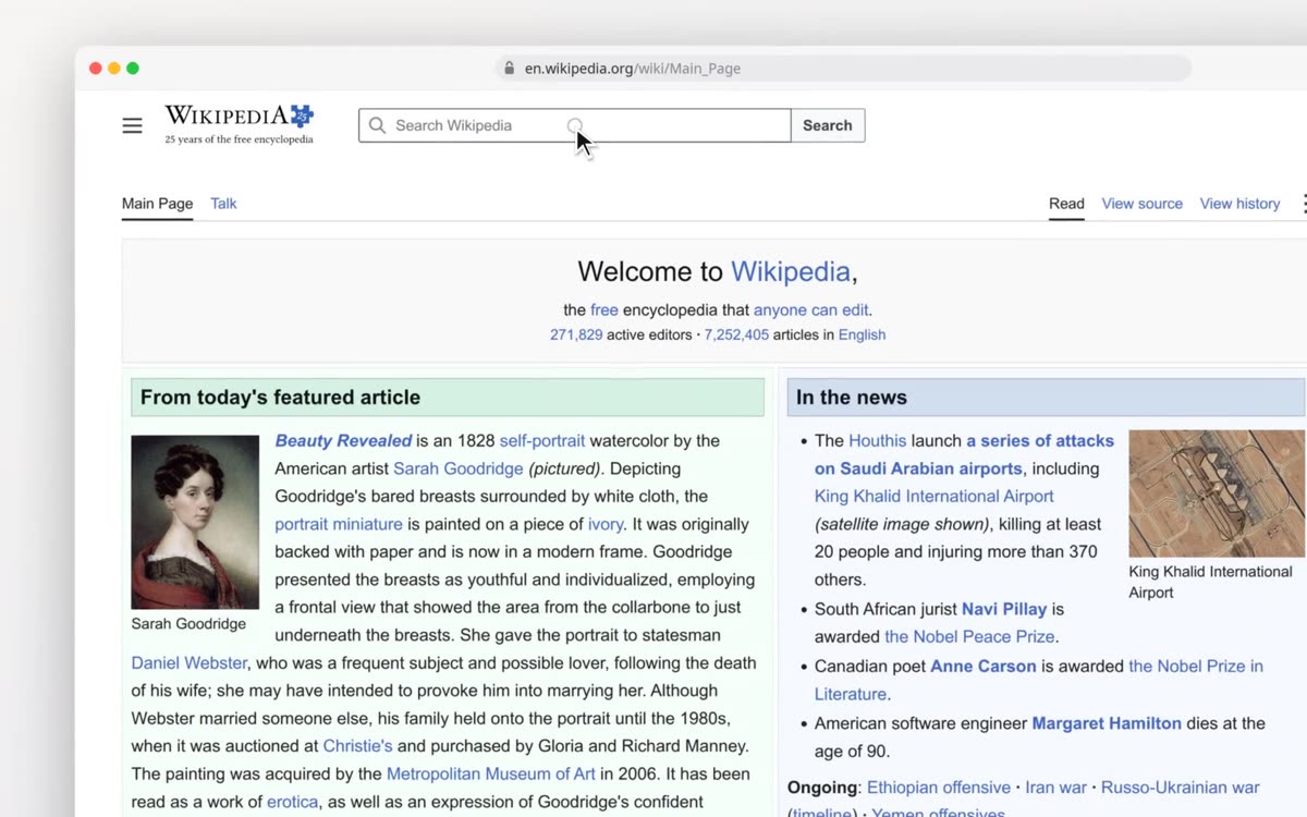 Cursor in the Wikipedia search box, the camera has zoomed in