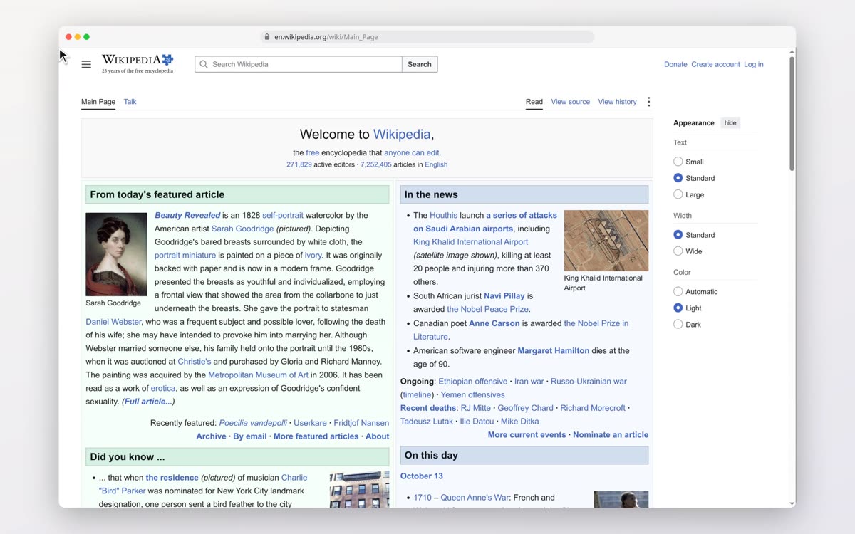 Wikipedia home page in the recording window